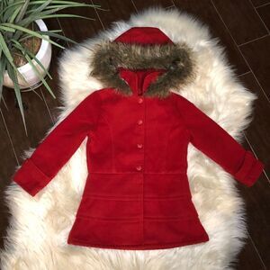 Sebby Girl’s red Tiered Coat fur trim sz 5